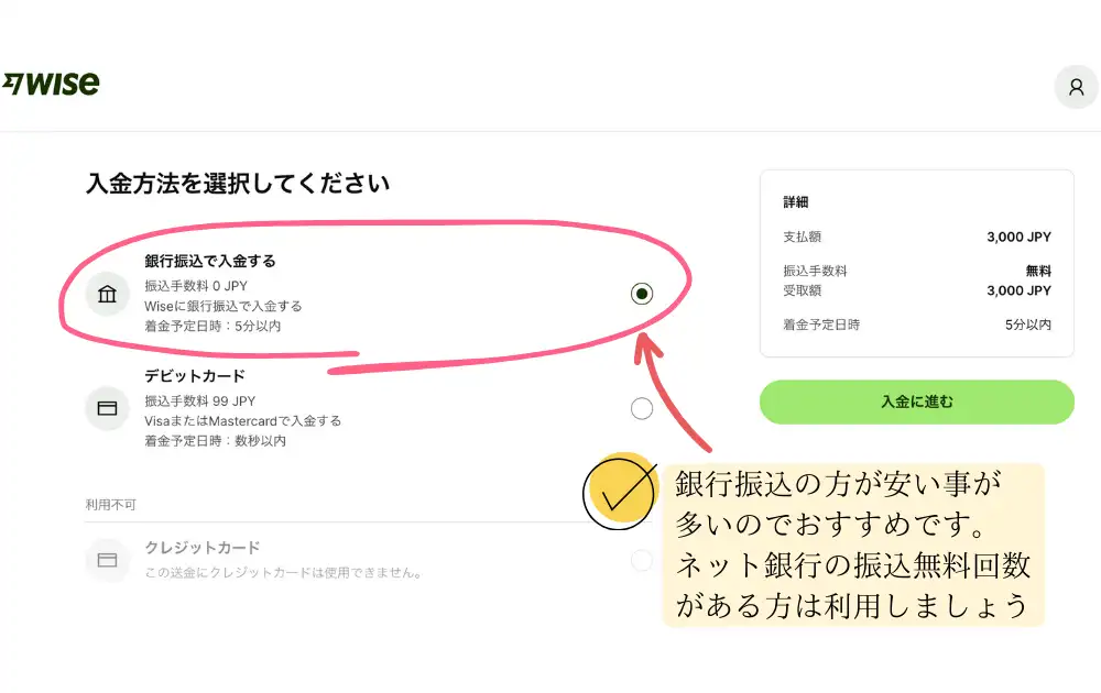 Wiseデビットカードの作り方、実際のカード銀行振込で入金