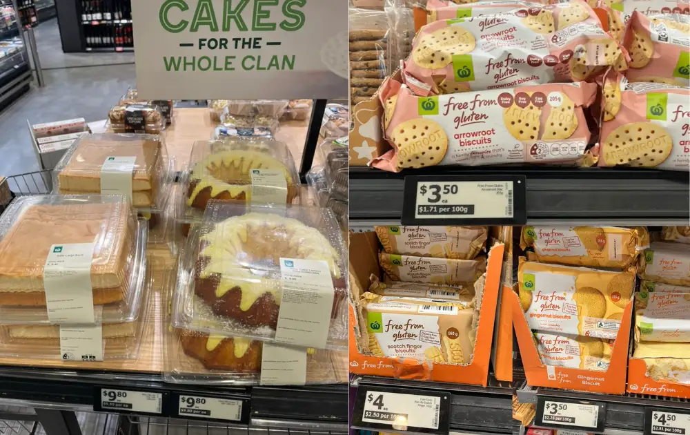 Woolworthsの店内の様子、ケーキ、グルテンフリークッキー