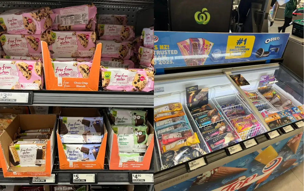 Woolworthsの店内の様子、グルテンフリークッキー、NZのアイス
